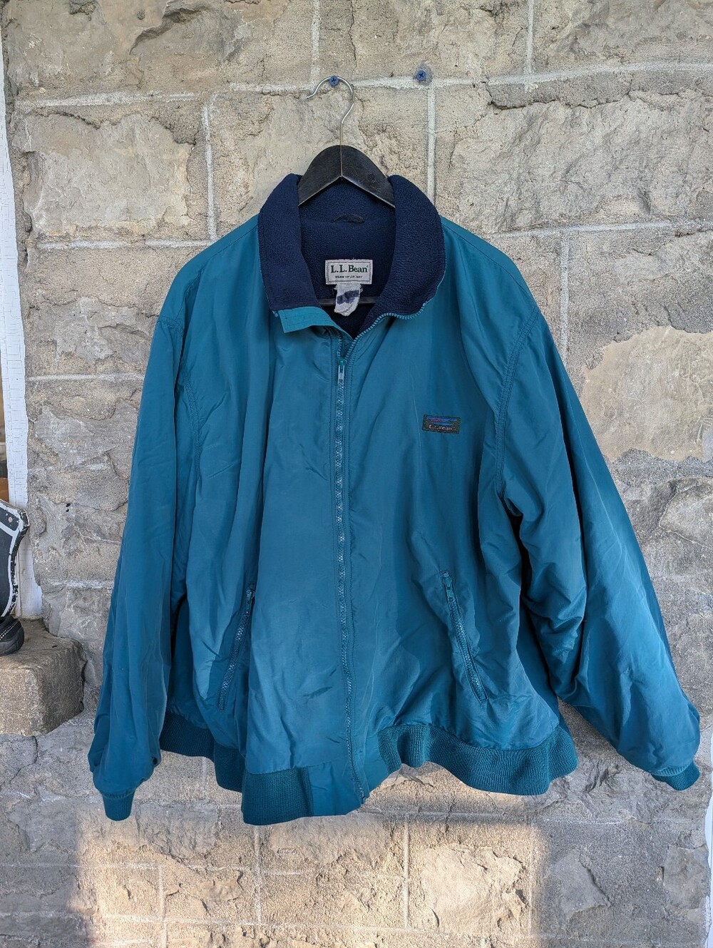 L.L. Bean Teal Warm up Jacket with Navy Collar And Fleece Lining